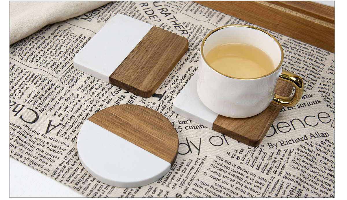 10cm Round Marble and Acacia Wood Coaster – Customizable Modern Drink Mat